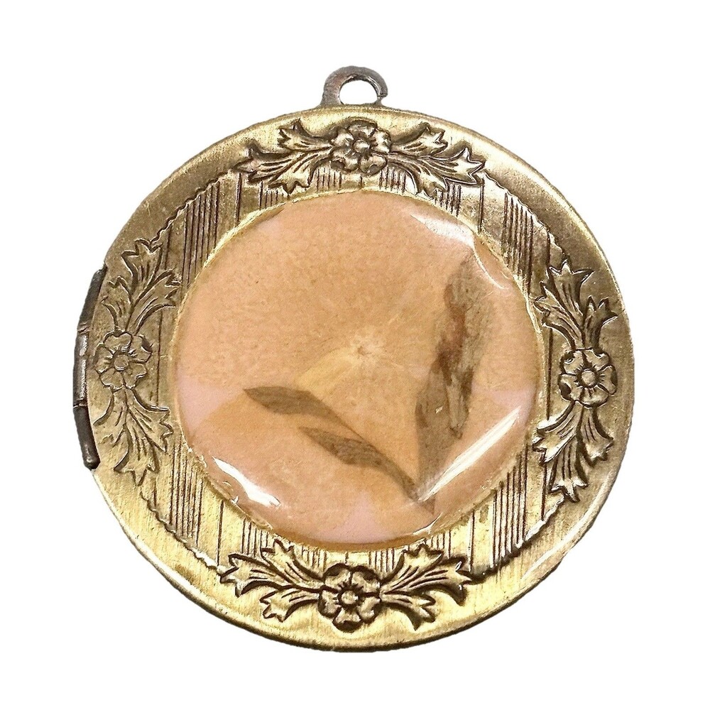 Vintage Floral Brass Locket Pendant Pink Agate Cabochon Ornate Beautiful